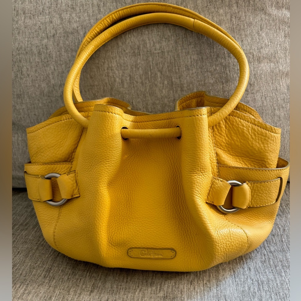 COLE HAAN Yellow Pebbled Soft Leather Large Handbag